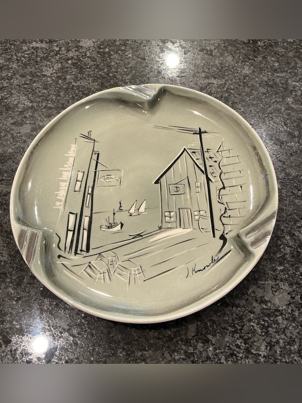 Mid-Century Modern J. Knowles Ashtray Coastal Scene in Sage Green